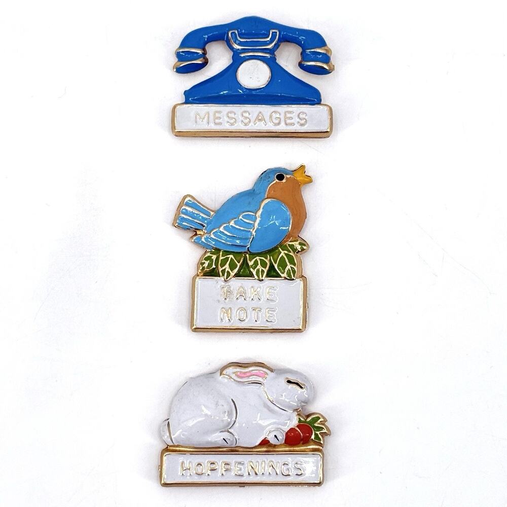 Vintage Lot of 3 Enamel Over Tin Refrigerator Magnets Retro MCM Korea Bird Bunny